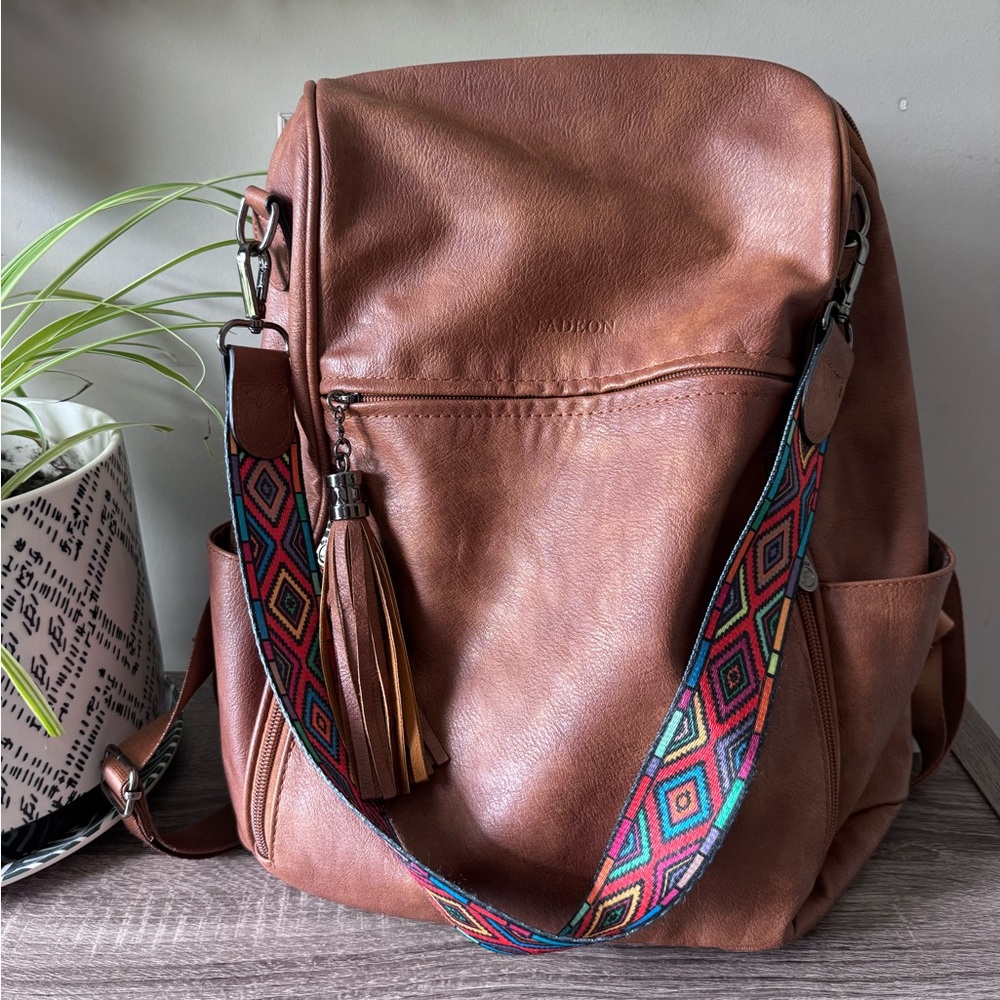 Brown Faux Leather Tote Backpack with Colorful Strap